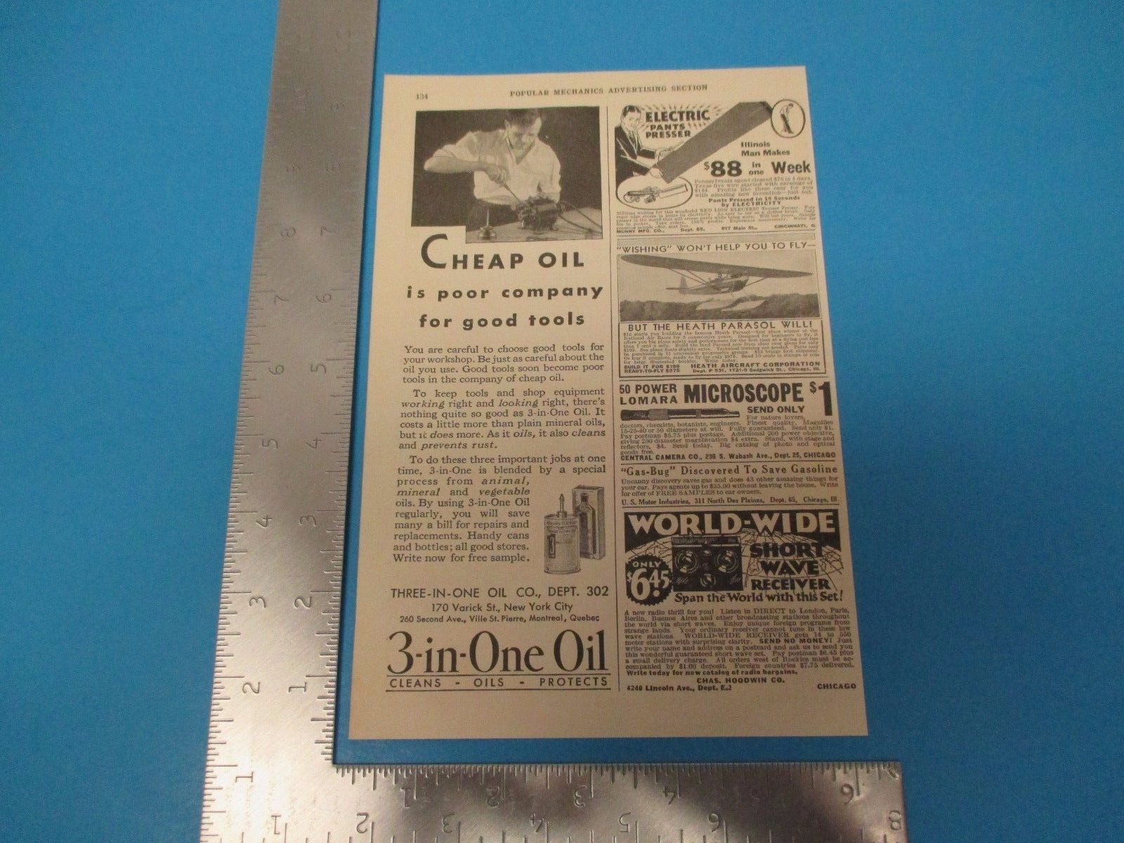 1931 3inOne Oil, Electric Pants Presser, Microscope, Short Wave PA124