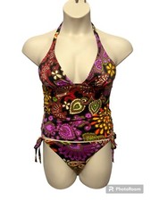Victoria's Secret Sz M Brown Paisley Floral Halter 2 Pc Tankini Bikini Swimsuit