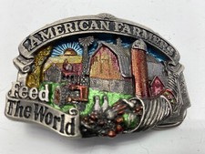 Vintage Brass Belt Buckle American Farmers Feed The World Enamel Tractor USA