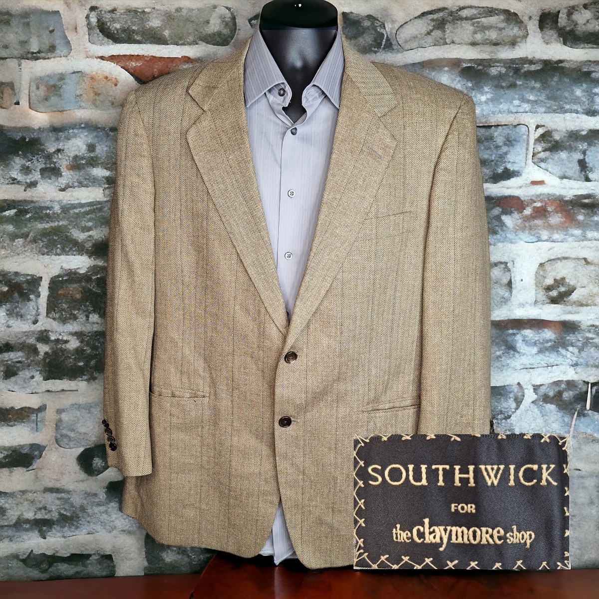 Southwick Clothes Jacket Blazer Mens 44R Beige Herringbone Check 