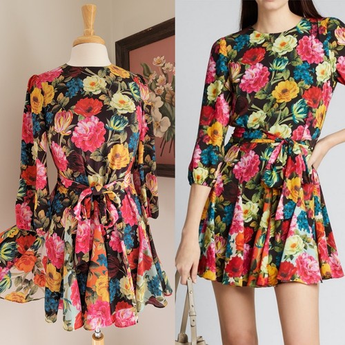 ALICE + OLIVIA Mina Floral Godet Print Pleated Tie Waist Size Small Mini Dress