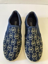Michael Kors LIL TASHA Kids  Logo Canvas Slip On Shoes Size US 1 NAVY/GOLD