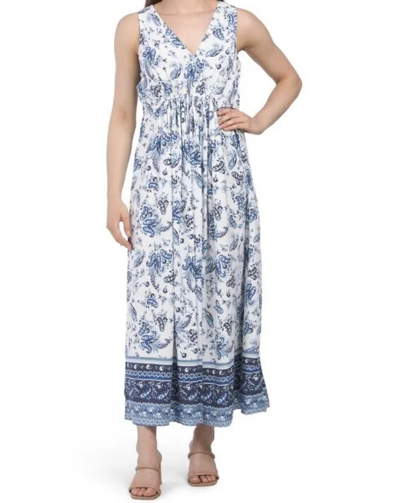 Lucky Brand Maxi Dress Womens Small Blue White Paisley Sleeveless Boho  Prairie | eBay