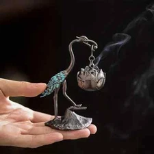 Elegant Crane & for Lotus Flower Incense Burner - Metal, Home Decor Accent
