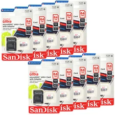 SanDisk Ultra MicroSD 64GB UHS-I Class 10 Card W/Adapter 100Mb/s Lot of 10 Pack