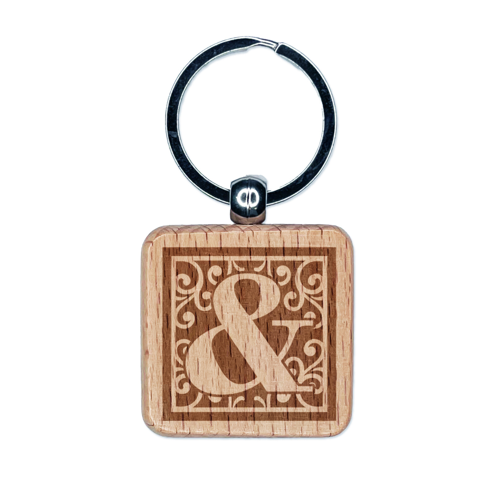 Monogram Swirls Ampersand Engraved Wood Square Keychain Tag Charm