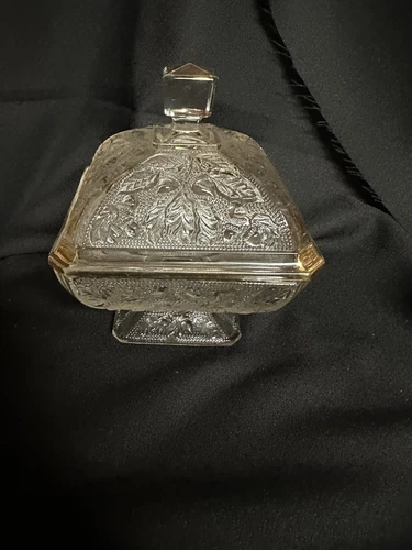 Vintage Jeanette Oak Leaf & Acorn Clear Glass Candy Dish Gold Trim with Lid
