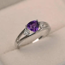 1.06 Ct Trillion Natural Amethyst Diamond Engagement Ring 14K White Gold Size 8