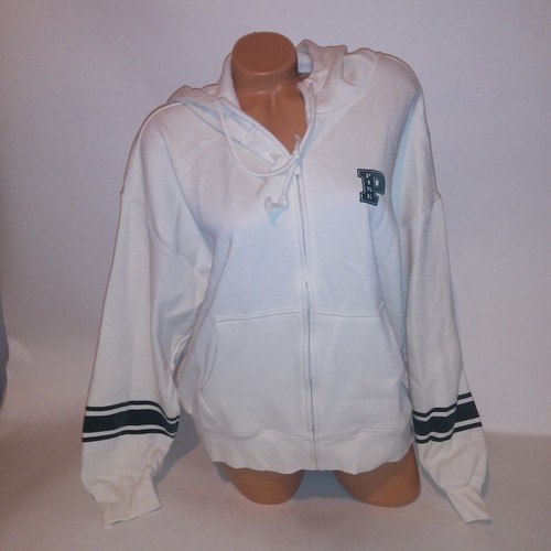 Victoria Secret ROSA Sudadera con Capucha Suéter Grande Cremallera Completa Verde Crema Logo Manga Larga - Imagen 3 de 10