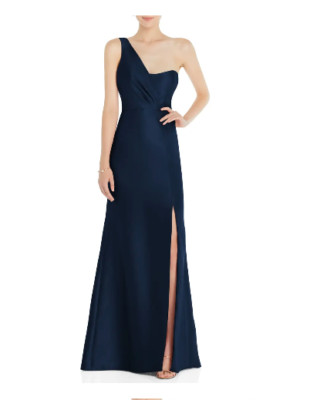 ALFRED SUNG D827 ONE SHOULDER SATIN TRUMPET MIDNIGHT E31 DRESS sz 2