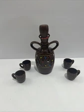 VTG Ceramic Decanter W/4 Mini Cups Hand Painted Made In Japan Saké/Tea