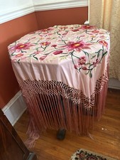 Antique Chinese Silk Hand Embroidered Floral Fringed Piano Shawl 158x153cm