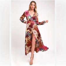 Lulu's Put on a Smile Small Burgundy Floral Print Satin Wrap Maxi Dress New