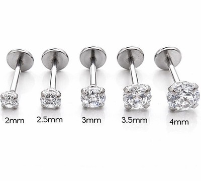 Silver Flat Back Stud Earrings Labret CZ Nose Ring Tragus Cartilage Threadless