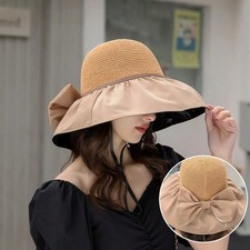 Brown One Size Wide Brim Sun Hat With Face Neck Coverage And Bow