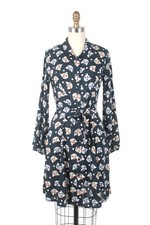 *NWT S FROCK SHOP Navy/Black Kitty Cat Face Dots Print Rayon Shirt Dress w Tie