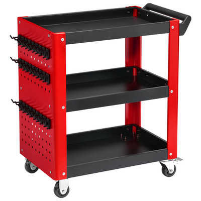 Chinrose 3-Tier Tool Cart & Wheel 1000lb Rolling Work Cart w/ Pegboard Black&Red