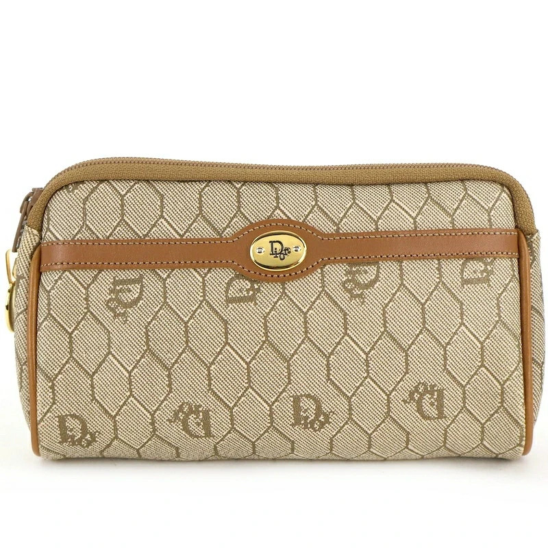 Christian Dior Honeycomb Makeup Pouch in Beige Brown Authentic Cosmetic Bag