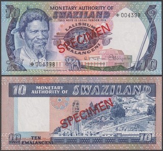 Swaziland SPECIMEN 10 Emalangeni ND (1974) UNC P CS1