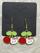Hello Kitty Cherries Whimsical Fun Gold Loop Enamel Drop Dangle Boho Earring Set