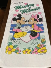 Vintage Disney Mickey Mouse & Minnie Love Beach Towel 1980’s Cocoa Beach Towel