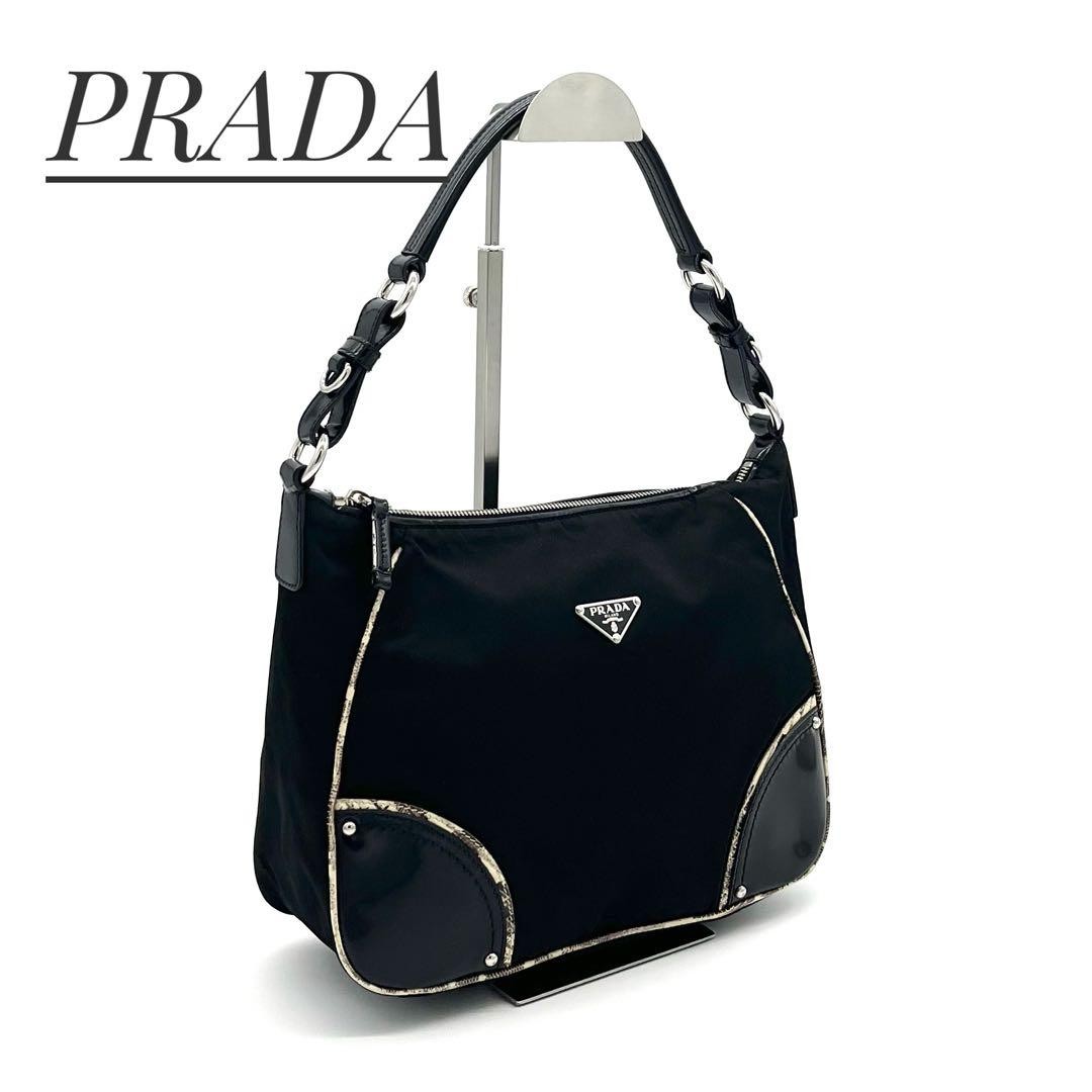 PRADA RRADA Python Pattern Shoulder Bag Black Nyl… - image 1