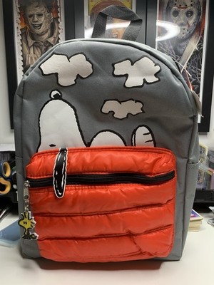 2015 Peanuts Snoopy & Woodstock Backpack Gray Red Puffer Pocket 17''