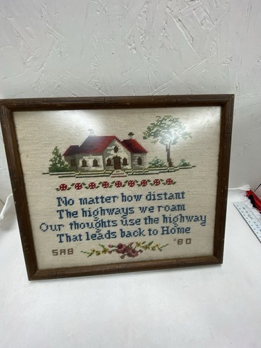 VINTAGE FRAMED NEEDLEWORK SAMPLER - 15 1/2 X 13