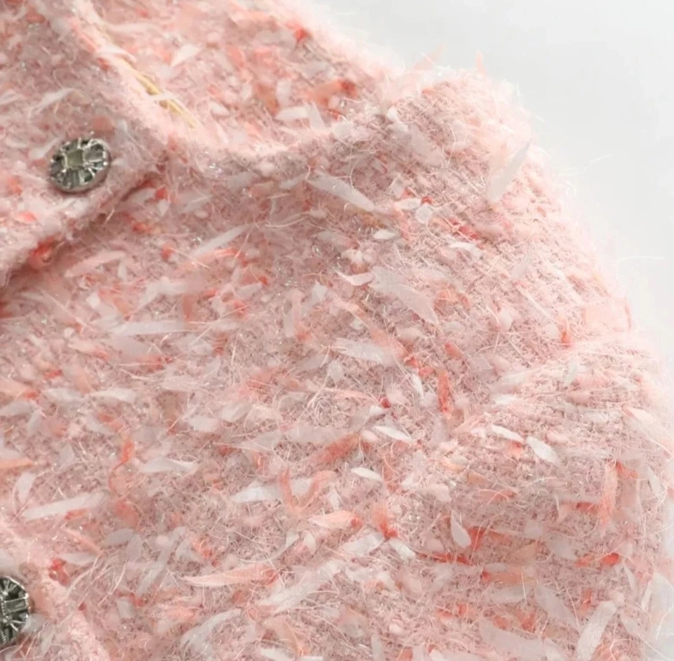 Handmade tweed boucle Pink jacket With Fluffy Knitted Fringes Size M,L,XL,XXL Foto 4 de 4