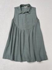 Umgee Linen Blend Babydoll Dress M Sage Green Sleeveless Collared Pockets Boho