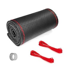 Leather Steering Wheel Cover Wrap, Stitch on Lace Up, Hole Black/Red Line