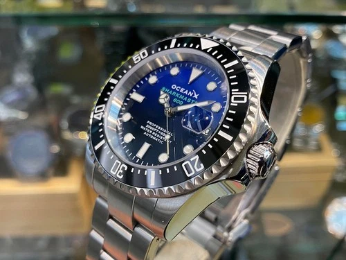 OceanX Sharkmaster 600 Automatic Mens Diver Watch 44mm Blue Black Dial SMS600-12