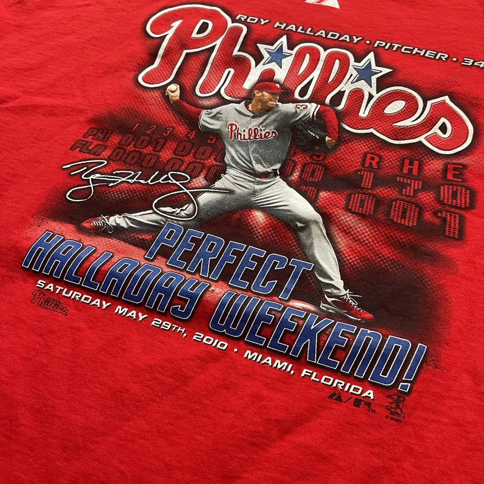 Camisa Philadelphia Phillies Para Hombres 2XL Roja MLB Béisbol Roy Halladay Majestuosa Foto 4 de 4