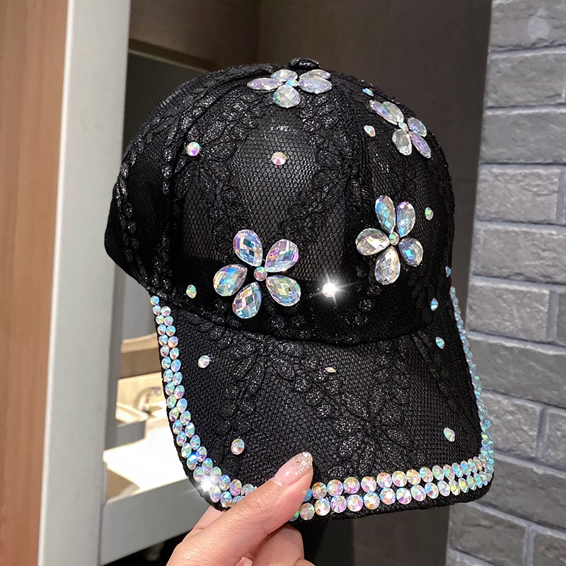 Women Lace Baseball Cap Crystal Rhinestone Mesh Sun Hat Hollow Out