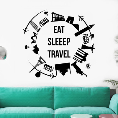 Wall Decal World Map Decal Quote Vinyl Eat Sleep Travel Nursery Decor Art AR319