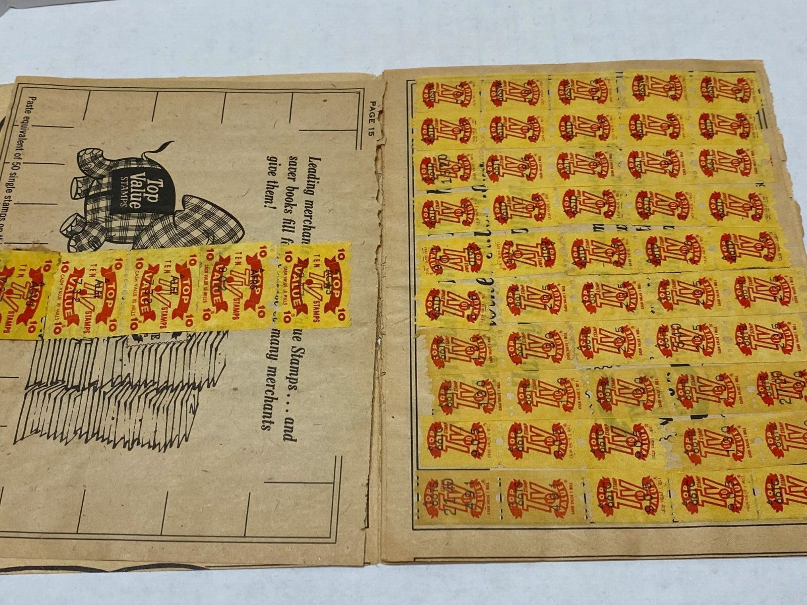 VINTAGE 1966 TOP VALUE STAMPS SAVER BOOK - 8 PAGES FILLED WITH STAMPS