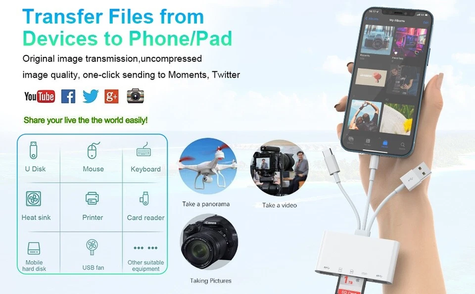 5 In 1 SD Memory Card Reader USB 3.0 OTG Adapter Charger For iPhone/iPad/Samsung - Image 3 of 4