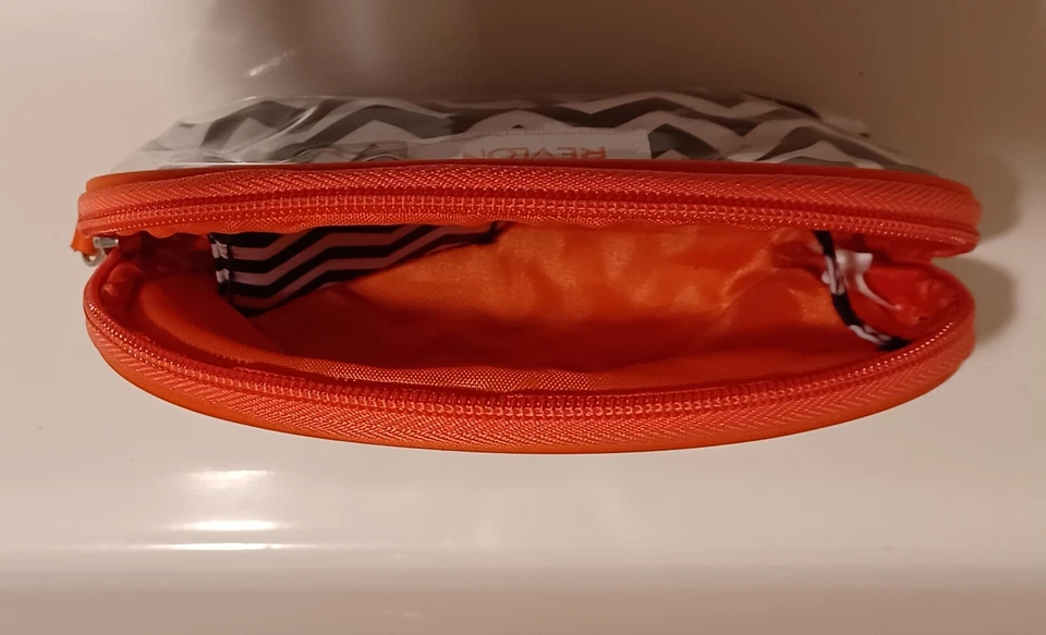 Vintage REVLON  Plastic Makeup Bag w/mirror black/white Chevron with Coral  MCM - Image 3 of 4