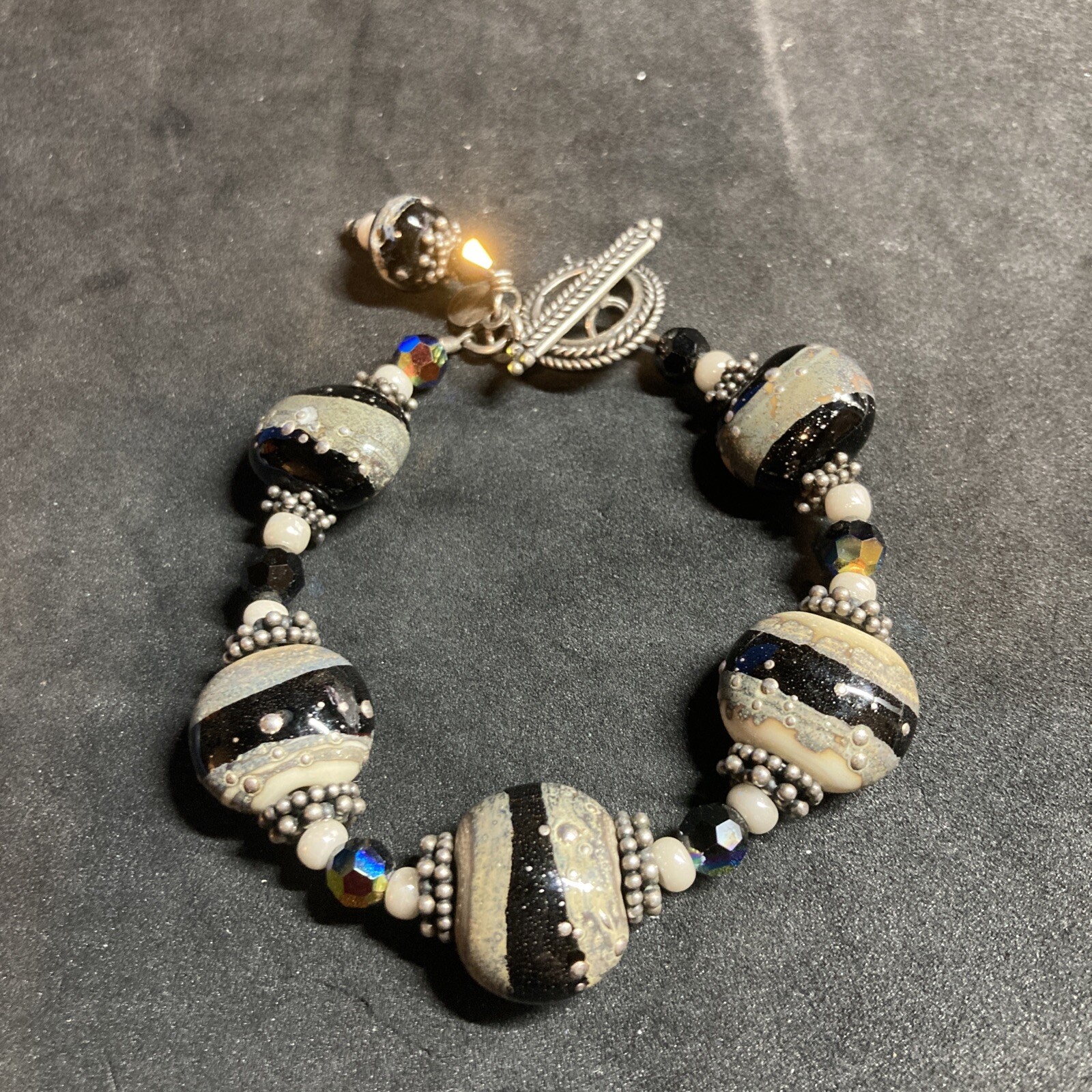 7” sterling silver ceramic beaded toggle bracelet… - image 1