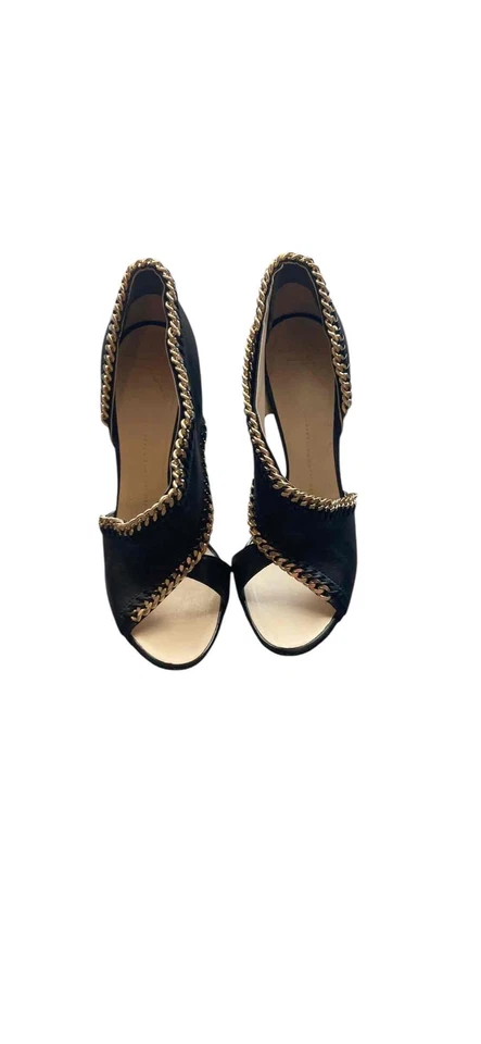 Giuseppe Zanotti Black Leather Gold Chain Peep Toe Stiletto Pumps Women’s 9.5 - Image 2 of 4