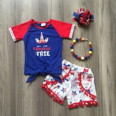 NEW Boutique Patriotic Unicorn Girls 4th of July Shorts Outfit Set - Image 1 of 2