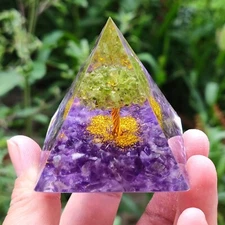 Tree of Life Meditation Orgone Pyramid Crystal Amethyst Peridot Orgonite Pyramid