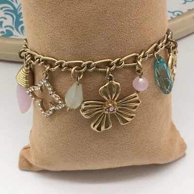 Faux Gemstone and Floral Charm Beaded Bracelet Approx 7.5  + 2'' extender