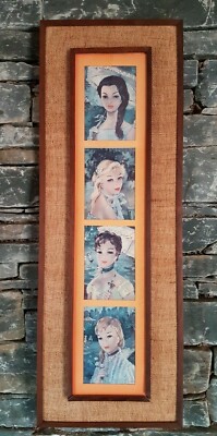 VIER COOLE SEXY RETRO KITSCH FRANZÖSISCHE DAMEN PORTRAIT DRUCKE SET IN EINEM RETRO RAHMEN