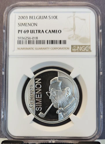 2003 BELGIUM SILVER 10 EURO GEORGES SIMENON NGC PF 69 ULTRA CAMEO TOP POP