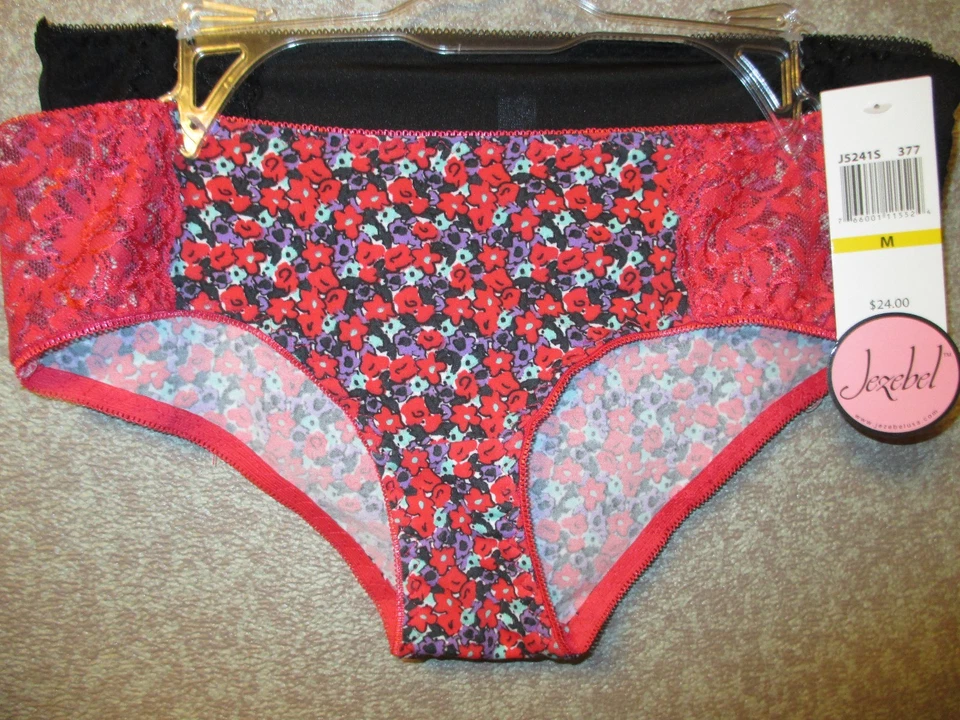 NUEVO CON ETIQUETAS Jezabel 2 Pares Floral y Negro Encaje Ribete Hipster Bragas J5241S Medianas A9 Foto 3 de 3