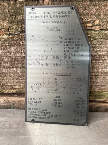 PLACA DE DATOS Sling and Tie Down M1038 HMMWV M998 Portador de tropas - Imagen 2 de 4