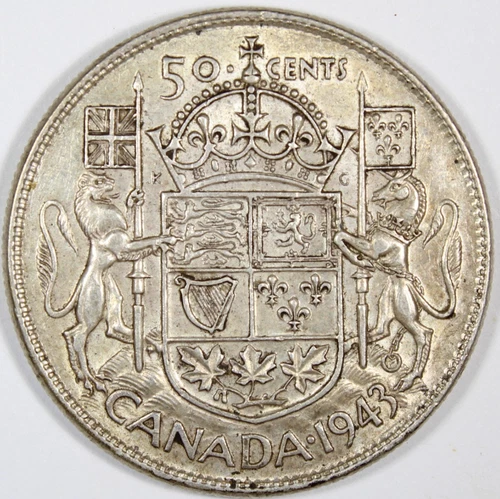 1943 Far "3" Canada 50 Cent Extra Fine Plus Low Mintage KM-36 Free Shipping