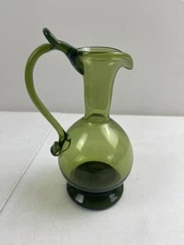 Green Hand Blown Glass Small Pitcher Bud Vase With Spout And Handle