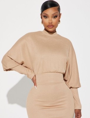 Fashion Nova Tan Cowl Neck Sweater Dress 